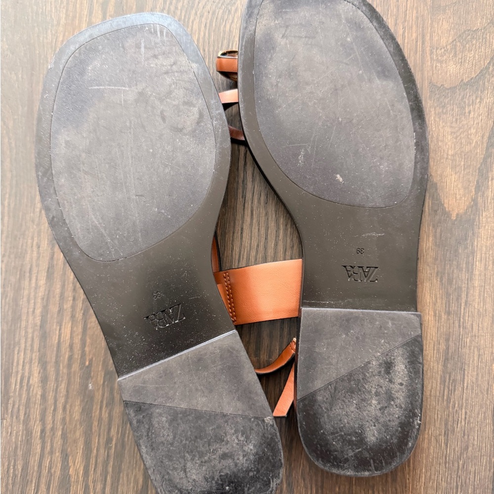 Zara Brown Leather Slingback Toe-Ring Sandals size 8 1/2 - 39EU - Picture 4 of 4